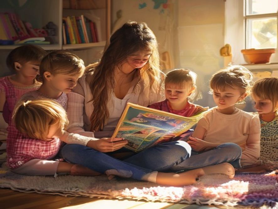 Педагог читает книгу малышам