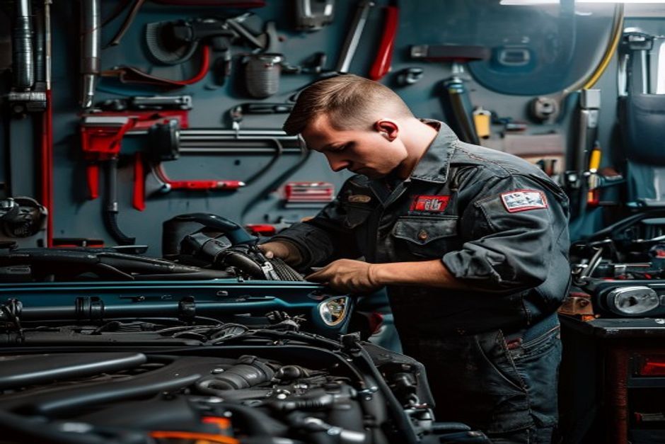 Мастер осматривает двигатель автомобиля в автосервисе